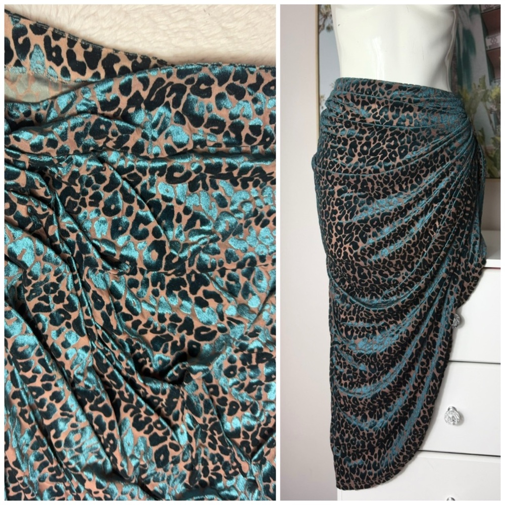 PrettyLittleThing Blue Brown Leopard Velvet Ruched Midaxi Skirt Size 16